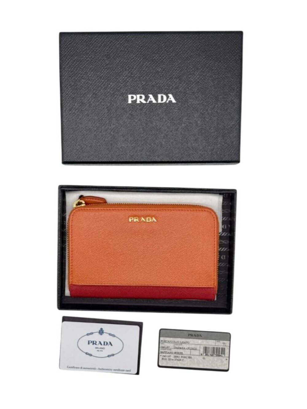 Prada Orange/Red Saffiano Leather Bicolor Zip Around Wallet featuring a gold log - Picture 2 of 12